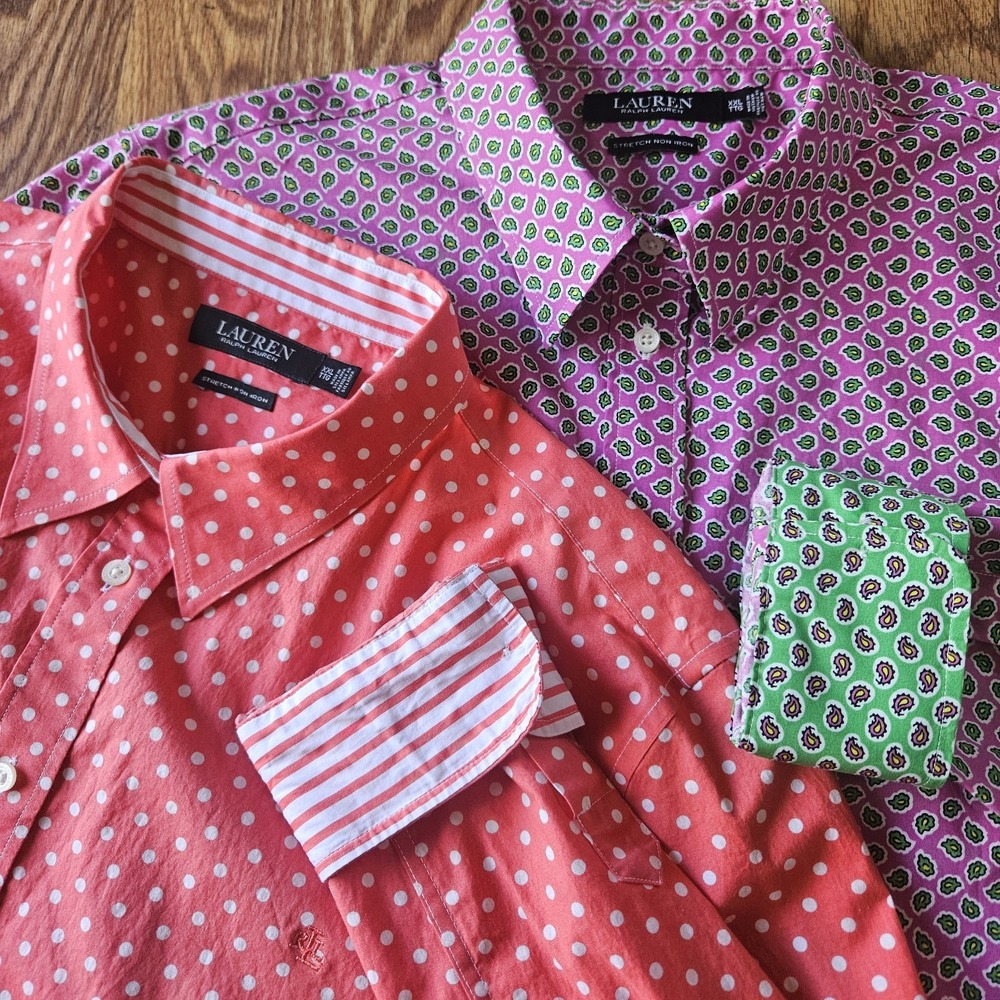 2 Ralph Lauren Colorful Polka Dot Stretch Button Up Shirt Pink Women's Flip Cuff
